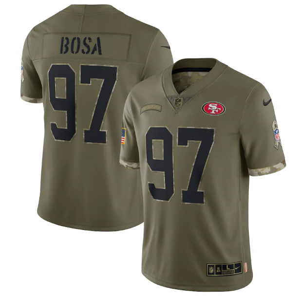 Men's San Francisco 49ers #97 Nick Bosa Olive 2022 Salute To Service Limited Stitched Jersey Men's San Francisco 49ers #97 Nick Bosa Olive 2022 Salute To Service Limited Stitched Jersey